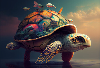 Aufkleber - An abstract, surrealist portrait of a Turtles with a dome-shaped shell, featuring exaggerated proportions and dreamlike colors.  Generative AI technology.	

