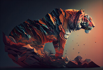 Aufkleber - An abstract, surrealist portrait of a Rock-toothed tiger, featuring exaggerated proportions and dreamlike colors.  Generative AI technology.	

