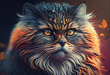 Leinwandbilder - An abstract, surrealist portrait of a Manul  (desert cat), featuring exaggerated proportions and dreamlike colors.  Generative AI technology.	
