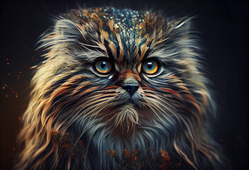 Aufkleber - An abstract, surrealist portrait of a Manul  (desert cat), featuring exaggerated proportions and dreamlike colors.  Generative AI technology.	
