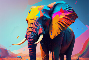 Poster - An abstract, surrealist portrait of a West African elephants, featuring exaggerated proportions and dreamlike colors.  Generative AI technology.	

