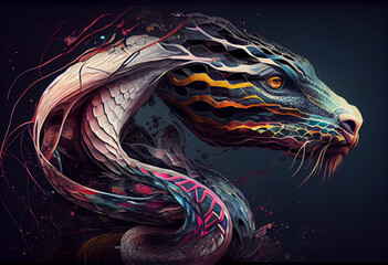Poster - An abstract, surrealist portrait of a South American rattlesnakes, featuring exaggerated proportions and dreamlike colors.  Generative AI technology.	

