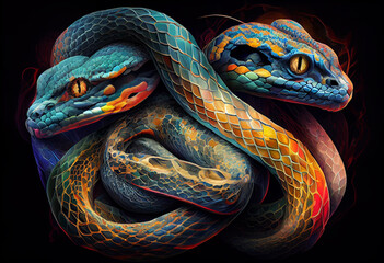 Poster - An abstract, surrealist portrait of a South American rattlesnakes, featuring exaggerated proportions and dreamlike colors.  Generative AI technology.	
