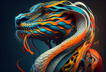 Poster - An abstract, surrealist portrait of a South American rattlesnakes, featuring exaggerated proportions and dreamlike colors.  Generative AI technology.	
