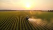 Tractor spraying pesticides on green plantation. Generative AI