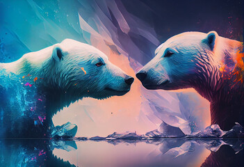 Aufkleber - An abstract, surrealist portrait of a Northern polar bears, featuring exaggerated proportions and dreamlike colors.  Generative AI technology.	

