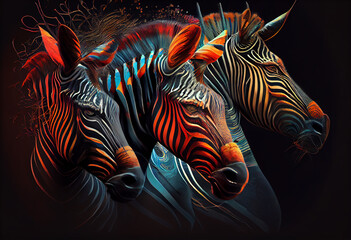 Poster - An abstract, surrealist portrait of a West African zebras, featuring exaggerated proportions and dreamlike colors.  Generative AI technology.	
