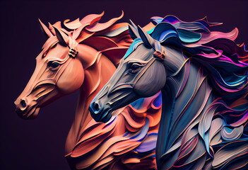 Aufkleber - An abstract, surrealist portrait of a American mustangs, featuring exaggerated proportions and dreamlike colors.  Generative AI technology.	
