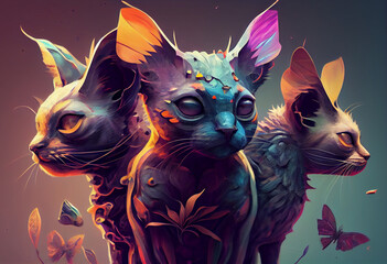 Poster - An abstract, surrealist portrait of a Marsupial cats, featuring exaggerated proportions and dreamlike colors.  Generative AI technology.	

