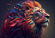 An abstract, surrealist portrait of a Lion, featuring exaggerated proportions and dreamlike colors. 	