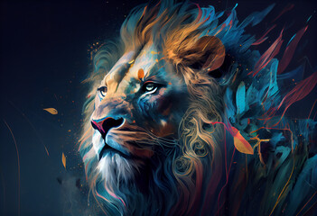 Wall Mural - An abstract, surrealist portrait of a Lion, featuring exaggerated proportions and dreamlike colors.  Generative AI technology.	
