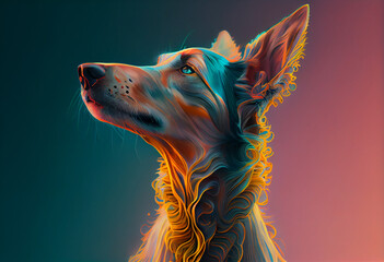 Poster - An abstract, surrealist portrait of a Beagle, featuring exaggerated proportions and dreamlike colors.  Generative AI technology.	
