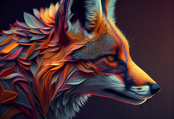 Poster - An abstract, surrealist portrait of a Fox, featuring exaggerated proportions and dreamlike colors.  Generative AI technology.	
