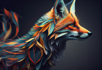 Poster - An abstract, surrealist portrait of a Fox, featuring exaggerated proportions and dreamlike colors.  Generative AI technology.	

