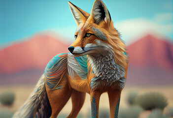 Poster - An abstract, surrealist portrait of a Fox, featuring exaggerated proportions and dreamlike colors.  Generative AI technology.	
