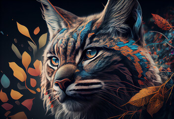 Poster - An abstract, surrealist portrait of a Bobcat, featuring exaggerated proportions and dreamlike colors.  Generative AI technology.	
