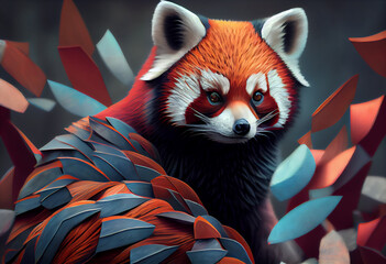 Poster - An abstract, surrealist portrait of a red panda, featuring exaggerated proportions and dreamlike colors.  Generative AI technology.	
