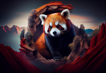 Poster - An abstract, surrealist portrait of a red panda, featuring exaggerated proportions and dreamlike colors.  Generative AI technology.	
