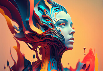 Leinwandbilder - An abstract, surrealist portrait of a woman, featuring exaggerated proportions and dreamlike colors.  Generative AI technology.	
