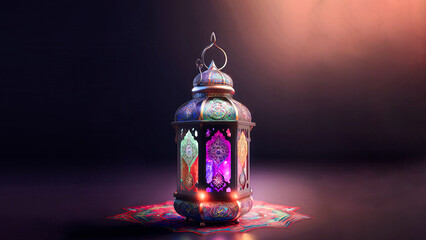 Poster - Realistic Illuminated Arabic Lantern On Mandala (Rangoli). Islamic Religious Concept. 3D Render.