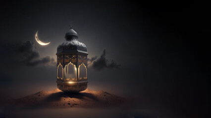 Poster - 3D Render of Arabic Lamp On Dune And Realistic Crescent Moon. Islamic Religious Concept.