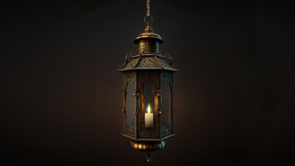 Poster - 3D Render of Hanging Illuminated Arabic Lantern On Black Background. Islamic Religious Concept.