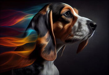 Poster - An abstract, surrealist portrait of a Beagle, featuring exaggerated proportions and dreamlike colors. Generative AI technology.