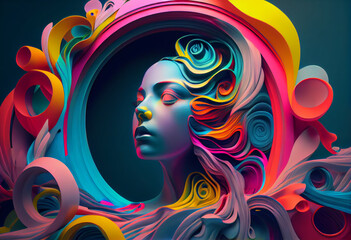 Leinwandbilder - An abstract, surrealist portrait of a woman, featuring exaggerated proportions and dreamlike colors.  Generative AI technology.	
