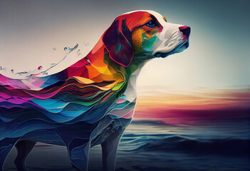 Poster - An abstract, surrealist portrait of a Beagle, featuring exaggerated proportions and dreamlike colors.  Generative AI technology.	
