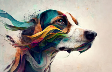 Poster - An abstract, surrealist portrait of a Beagle, featuring exaggerated proportions and dreamlike colors. Generative AI technology.

