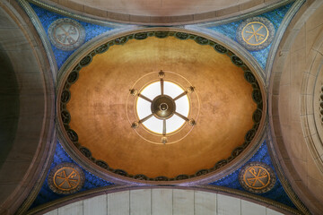 Breathtaking architecture details of panoramic dome mural columns scenic building interior view with historic walls, chandeliers, marble statues and staircases in public city landmark