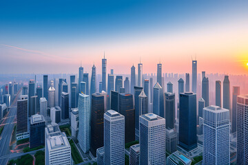 Wall Mural - Panoramic city skyline and buildings with empty asphalt road at sunset