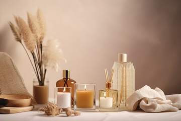 luxury aroma scented reed diffuser crystal bottle is used as room freshener and decoration items on brown wooden table in the relaxing ambient - generative AI