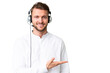 © luismolinero - Telemarketer caucasian man working with a headset over isolated chroma key background presenting an idea while looking smiling towards