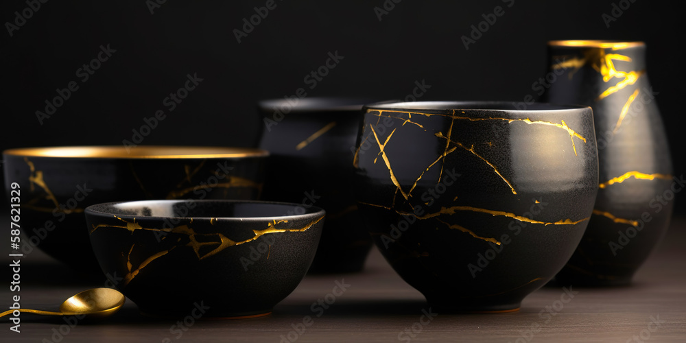Elegant black and gold Kintsugi bowls and vases. Restoration of golden ...
