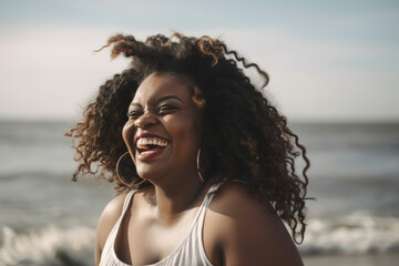 Portrait of smiling young black woman with sunlight flare and beach on the background. AI Generated.