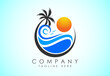 Beach logo design. Sun sunset sunrise with beach ocean sea water logo icon.