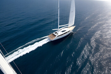 Aerial drone ultra wide photo of beautiful sailboat cruising deep blue open ocean Mediterranean sea