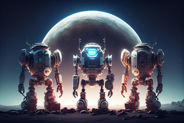 three robots in space galaxy standing on planet with moon view. futuristic robots illustration