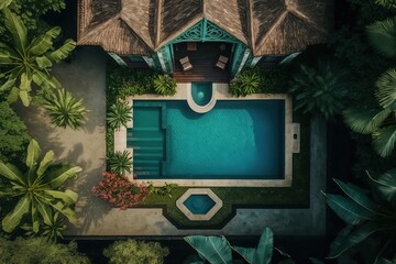 pool on Bali private villa, top view from above. Generative Ai.