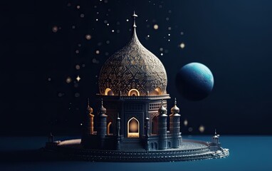 Wall Mural - Islamic concept poster Ramadan Kareem or eid al adha celebration with Muslim Mosque on dark blue background Generative AI