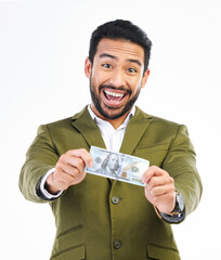 Canvas Print - Money, cash and excited business man on studio background for investment, bonus and stock market. Finance success, winner and isolated happy male with bills for winning, profit and wealth savings