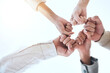 © Joshua A./peopleimages.com - Below business people, fist bump and circle for team building, support and group goals in workplace. Men, women and teamwork with solidarity for success, motivation and trust with diversity at job