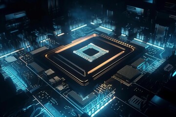 Circuit board with chip. AI technology generated image