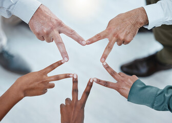 Aufkleber - Teamwork, peace sign and hands of business people for support, motivation and goals in office. Collaboration, solidarity and diversity above of men and women with mission star, trust and cooperation