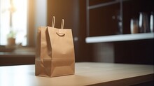 Blank Craft Paper Bag On Modern Kitchen Room Interior Background , Online Shopping ,digital Ai Art