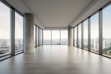 Poster - Interior space and french window of office buildings in a minimalist style.AI technology generated image