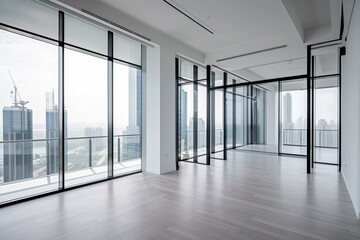 Wall Mural - Interior space and french window of office buildings in a minimalist style.AI technology generated image