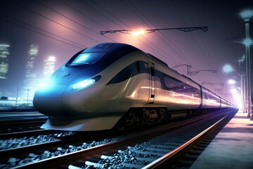 Sticker - High speed rail shuttles on urban railways at night.AI technology generated image