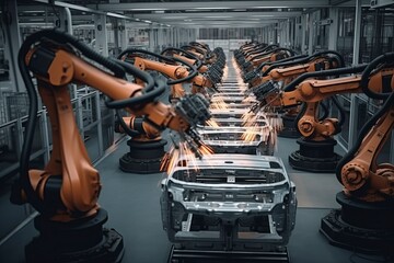 Wall Mural - The robot arm of the car manufacturing line is welding the car.AI technology generated image